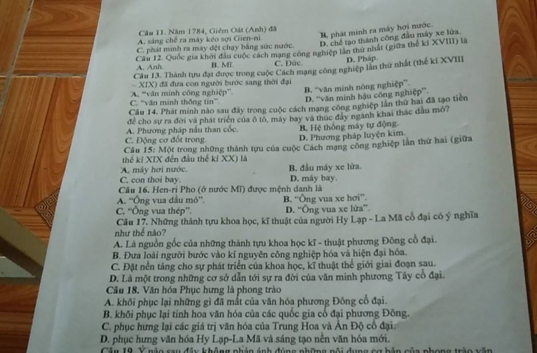 Đề thi trắc nghiệm Lịch sử về phát minh máy hơi nước của Giêm Oát và các thành tựu cách mạng công nghiệp