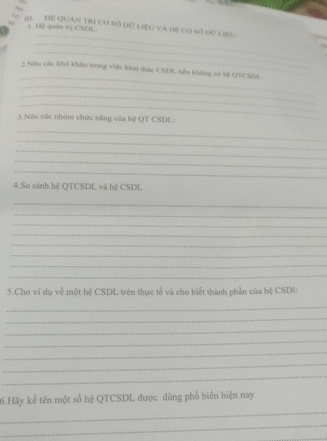 Đề bài điền khuyết về hệ quản trị cơ sở dữ liệu và hệ cơ sở dữ liệu gồm 6 câu hỏi