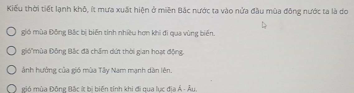 Câu hỏi về thời tiết lạnh khô ở miền Bắc vào nửa đầu mùa đông