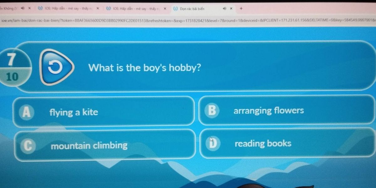 Bài thi IOE Dọn rác bãi biển – câu hỏi What is the boy's hobby