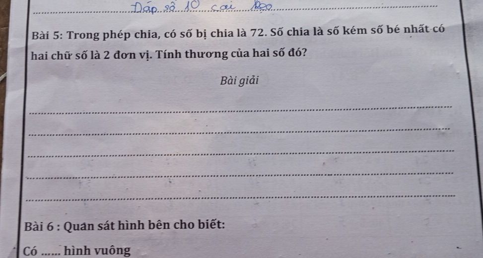 Đề bài trong phép chia có số bị chia là 72, số chia kém số bé nhất có hai chữ số 2 đơn vị, kèm bài đếm số hình vuông trong hình vẽ